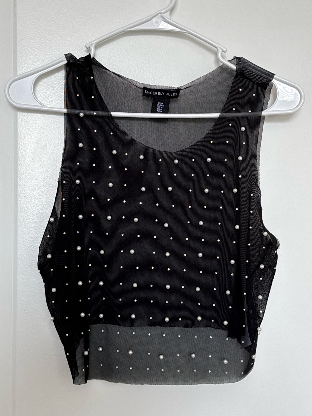 Sincerely Jules Black Sheer Top with Pearl and Iridescent Studs